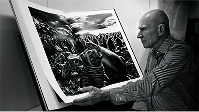 Fotografia de uma cena do filme O sal da terra, de Wim Wenders, Juliano Salgado. BR/FRA/ITA, 2014, DOCUMENTÁRIO, 110 min. Em preto e branco, Sebastião Salgado, folheia um dos seus livros. De perfil esquerdo, ele usa a cabeça raspada, tem as sobrancelhas brancas e está com uma camisa social, de listras verticais. À sua frente, diante de uma parede branca, apoiado num expositor, o enorme livro, aberto, que ele segura com a mão esquerda, tem a foto de duas focas à frente e atrás um grande grupo de pinguins. Ao fundo à direita, uma cordilheira com pontos de neve, sob um céu com nuvens e o sol entre elas, ilumina pouco os animais.